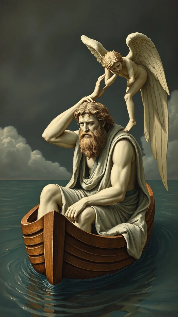 Charon in his boat wearing crying angel holding his head