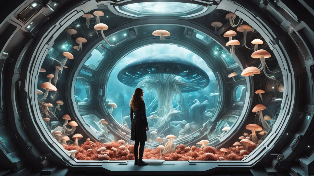 woman standing inside the interior of an alien spaceship, with a large window, with mushrooms with jellyfish tentacles outside