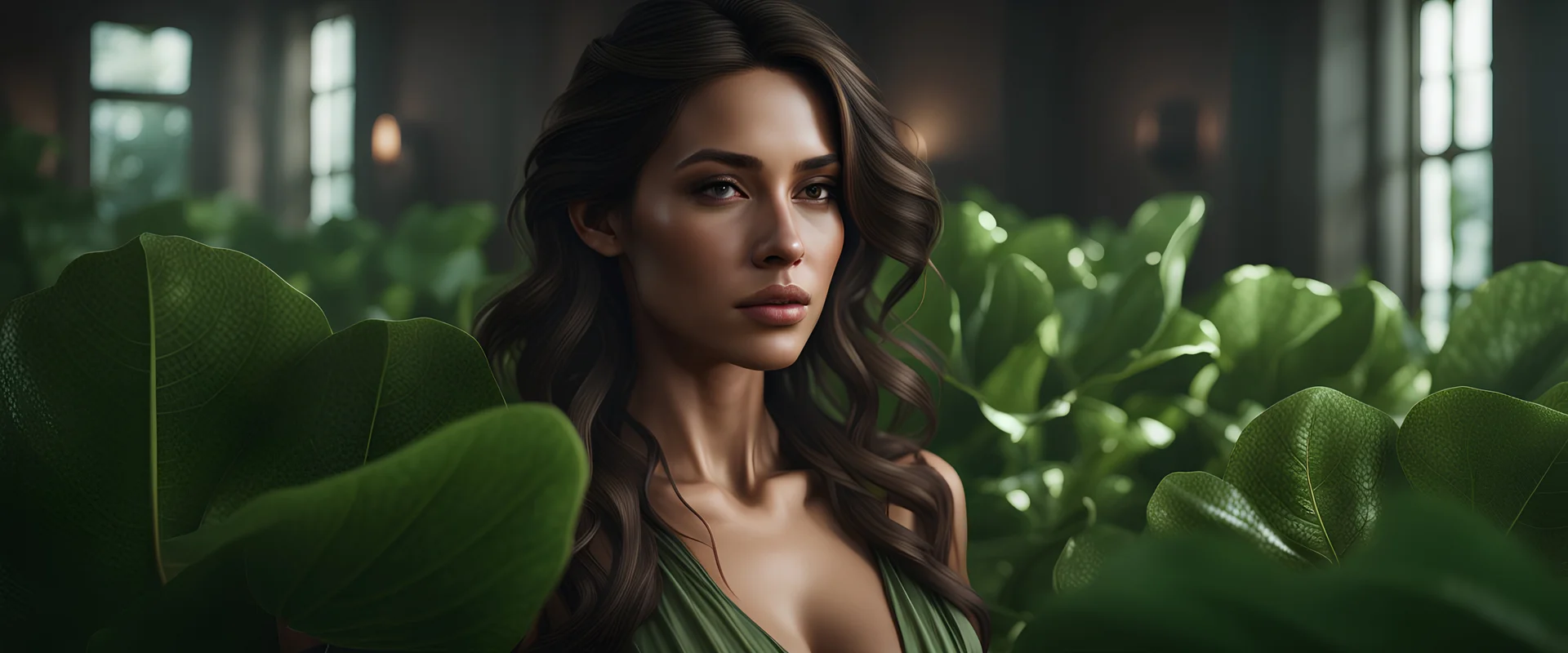 A Hyper-Realistic ,A Brune Woman ,Full Size Beautiful Natural look ,Long Legs , Bathed In Cinematic Light, Realistic Elements, Captured In Infinite Ultra-High-Definition Image Quality And Rendering, Hyperrealism, 8k Resolution, Rendered In unreal engine 5A mesmerizing depiction of dark green botanic organ mutation, inside translucent bulging glass petals. This exquisite image, possibly a painting or digital artwork, captures the complexity and elegance of this bizarre subject.the external presen