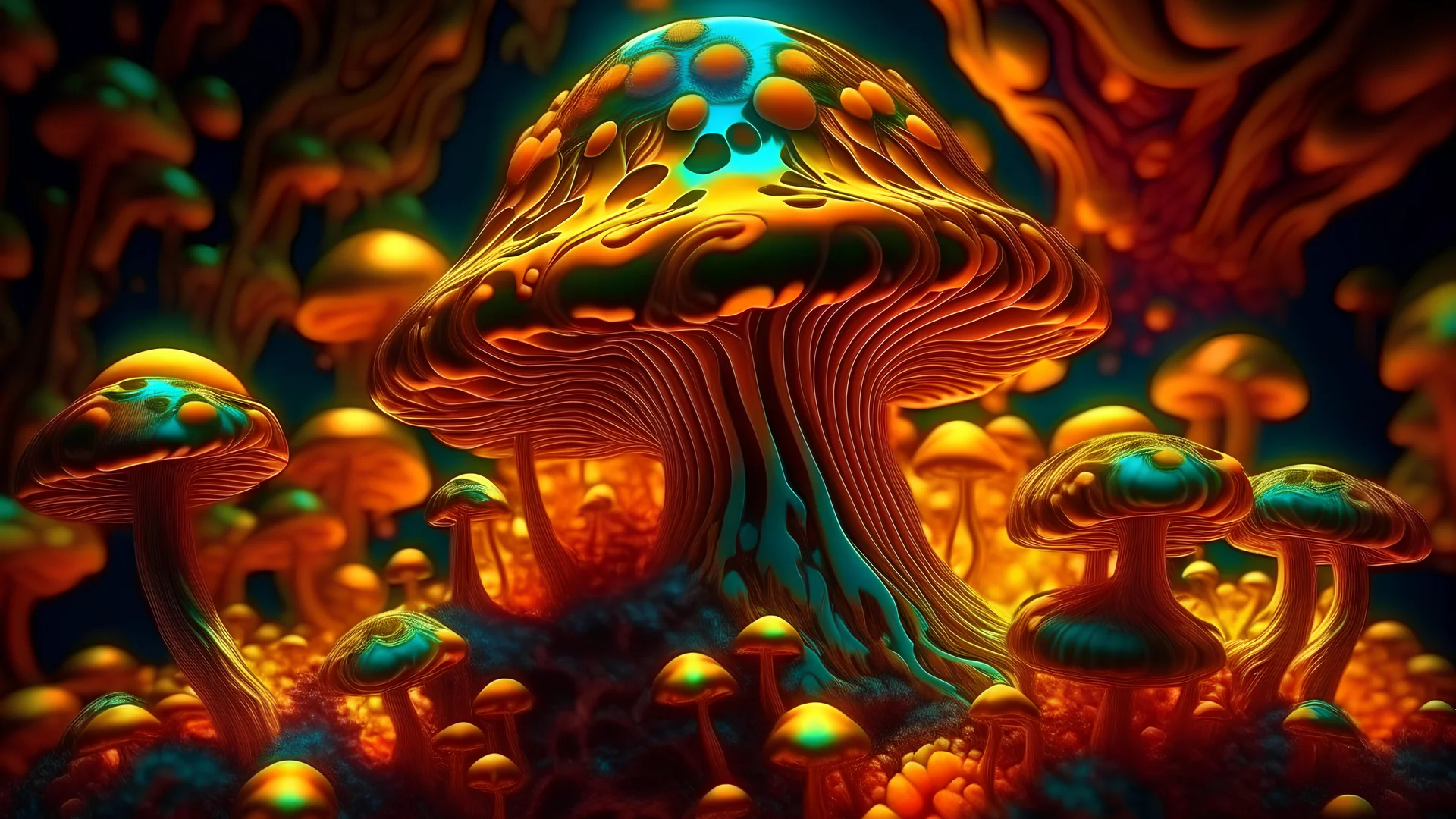 psychedeliC, PETER MAX STYLE, MUSHROOM, picture of a BEAUTIFUL,, , cinematic, highly detailed, 4k, deep colors, gold, fire,, metal,, ethereal, utopia , ARTIFICIAL INTELLIGENCE,,