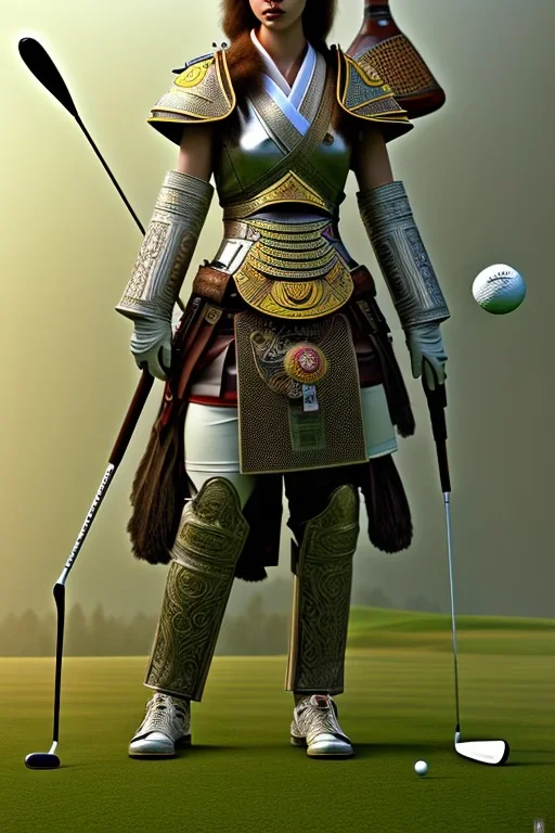 Mo1st_cr1t1kal, Charles White, full voluptuous breasts_out with visible funny nipples1TOO portrait of golf samurai gaspunk, high detail, volumetric lighting, tiny features, intricate detail, volumetric clouds