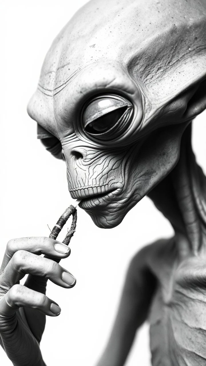 Get An old picture style of black and white mono very bad quality looks very old camera picture of an alien smoking a weed joint, all white background , year 1900