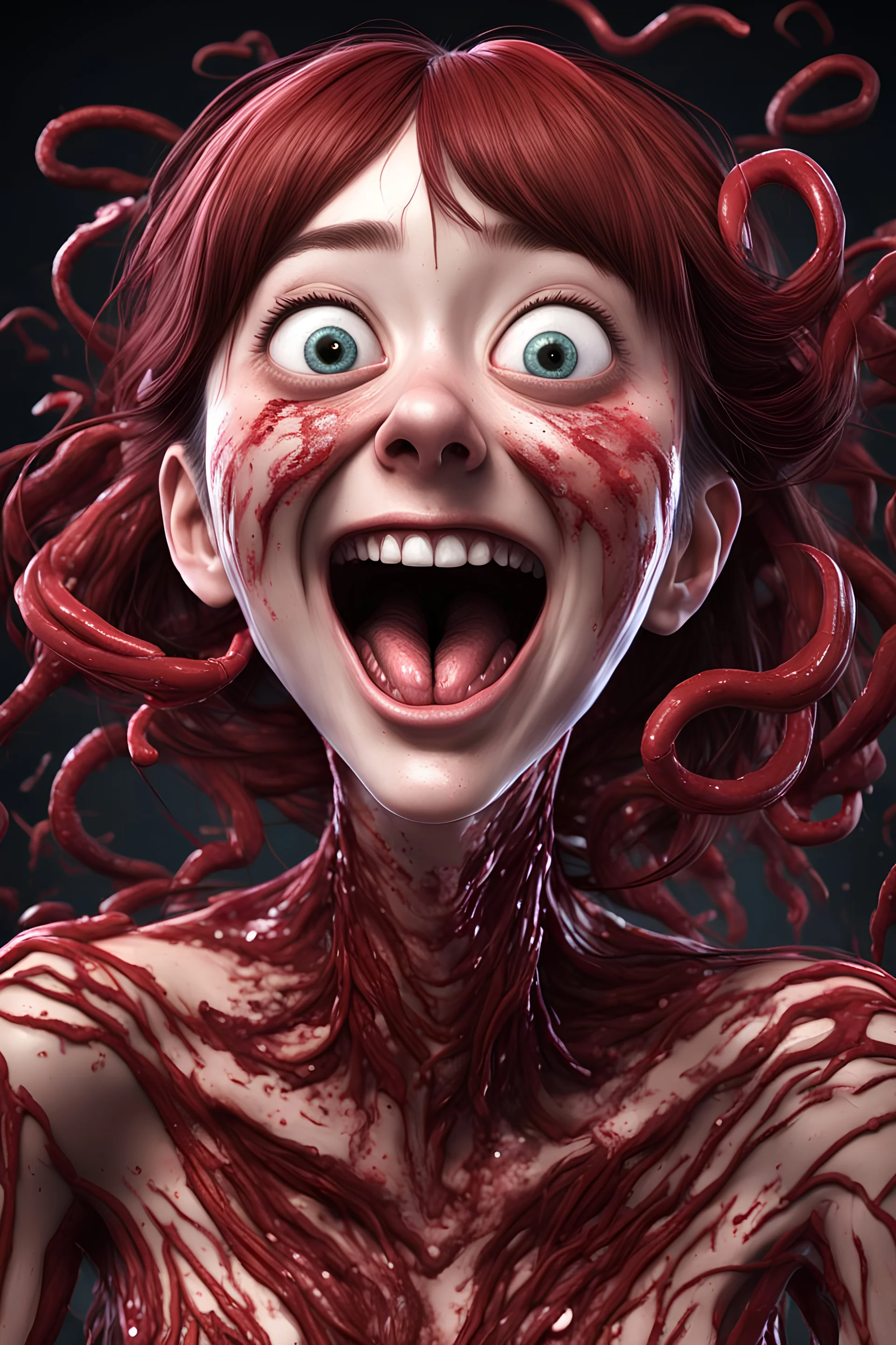 Woman with rare eyes,smiling meanwhile many worms streaming from his mouth, face distorted with pain, screaming, tears streaming, siting pose, fullbody, Junji Ito style, darkred tones,high detailed, 4k resolution, digital paiting, cute, art, no background 3d pixar disney the cinematic FKAA, TXAA, and RTX graphics technology employed for stunning detail.