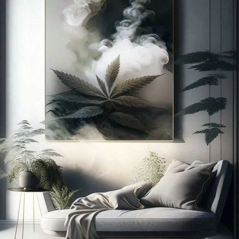 Design an artwork that showcases the pleasure and relaxation derived from indulging in hash and weed, using elements like soft textures, hazy atmospheres, and gentle curves to evoke a sense of tranquility and bliss.