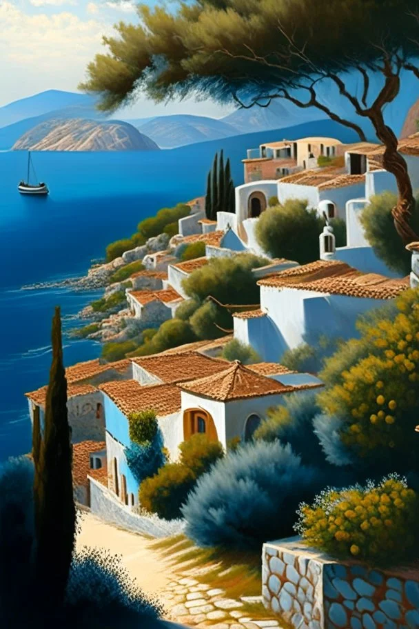 Greece landscape, painting, detailed