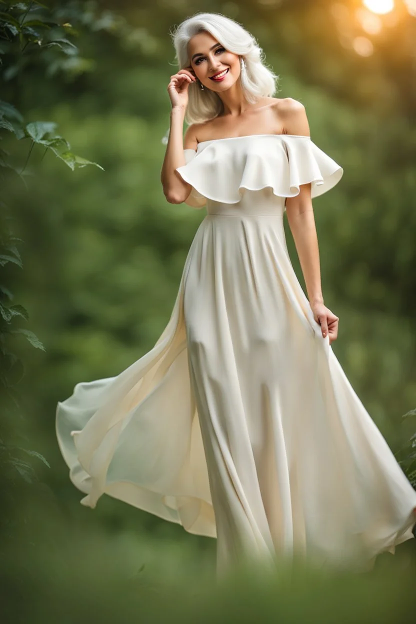 full body of very beautiful ukrain lady wearing cream_white pretty maxi flared dress ,white gray hair ,standing idle happy pose in studio