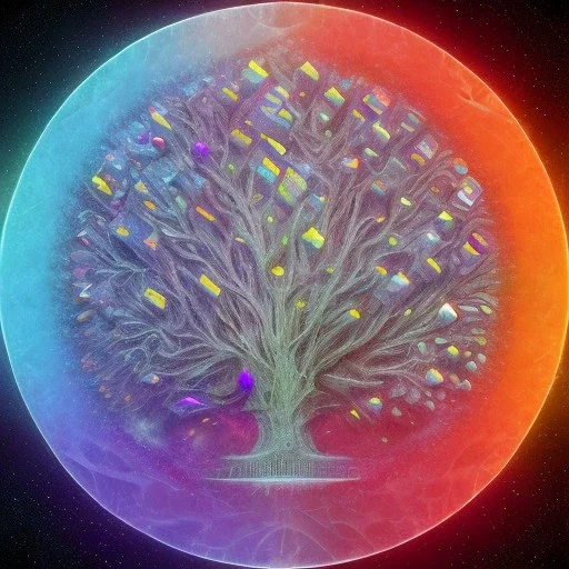 hedjuk,Tree of Life, crystal city crystalline in the sky, renderin, room, cosmic, opalescent, 100mm, opalescent, gemstones, crystals, object, other worldly,water, cristal rock ,bright, ice backg