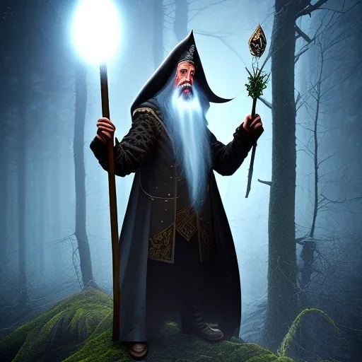 old evil Wizard standing in a dark magical forest at night, holding a staff with a gem in, Devil, Evil