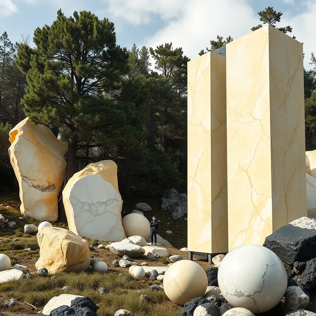 Un'immagine di un paesaggio naturale con marmi gialli imponenti accanto a strutture artificiali verticali e alberi. Queste strutture sembrano blocchi rettangolari riflettenti, come colonne di vetro, che creano un contrasto tra il naturale e l'artificiale. Gabbia brutalista si erge solitaria. Persona osserva. bianco con venature e solchi. Magma liquido nero. La scena trasmette un senso di sospensione e dialogo tra elementi organici. Dettagli degli specchi e delle rocce molto accentuati. Sfere