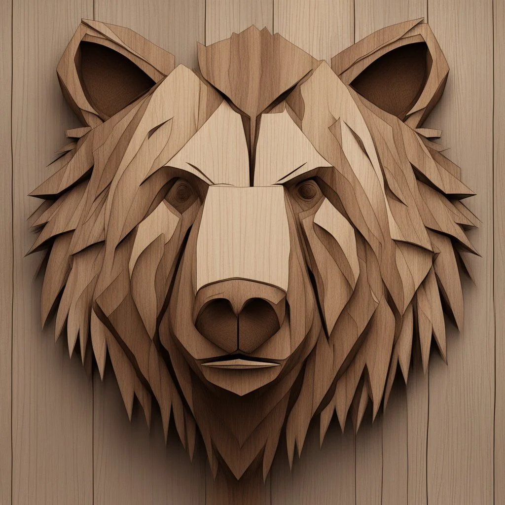 combine textured wood with stylized shape of a bear head, graphic style, minimalistic, clean