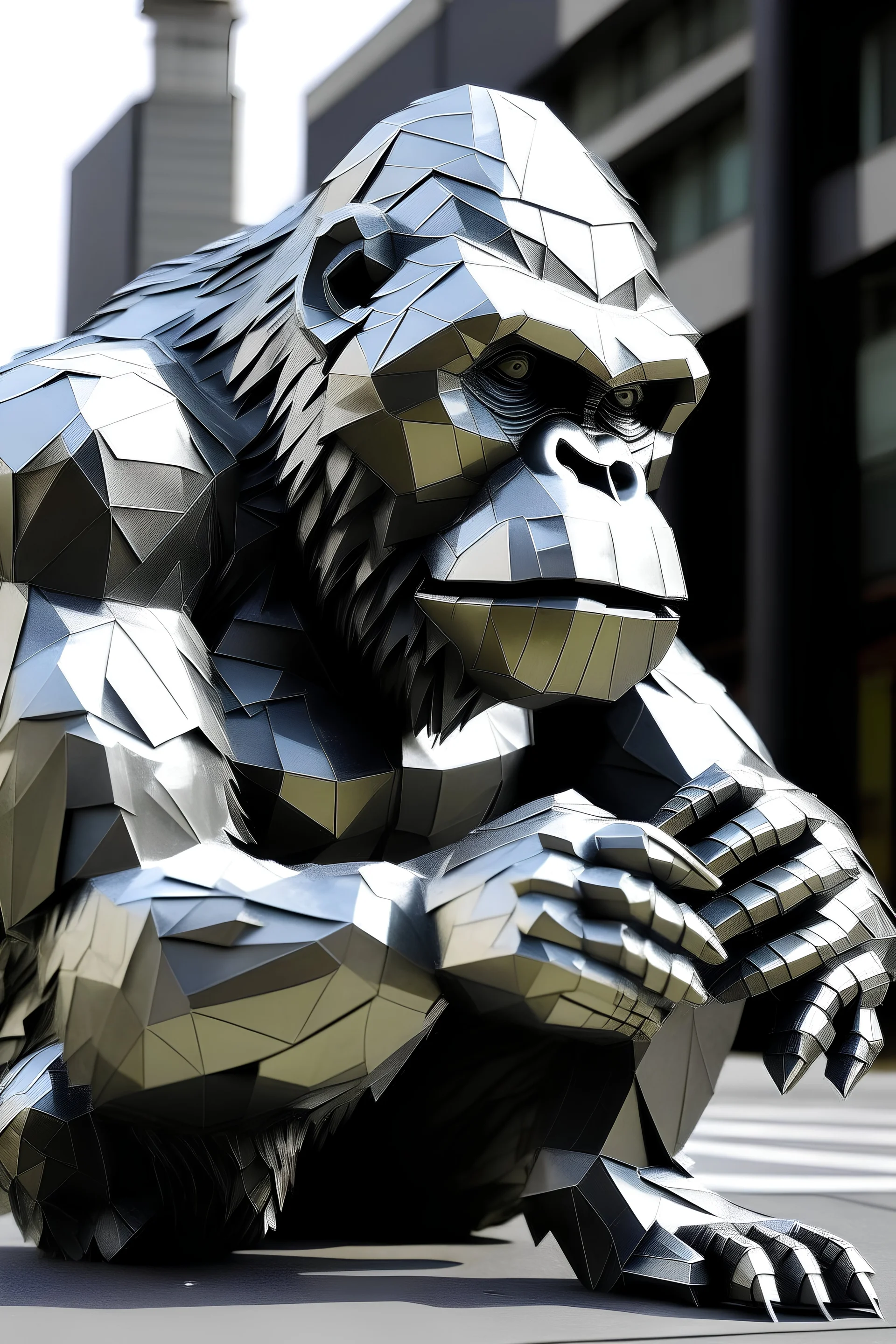 an origami of big angry metallic gorilla in a real world