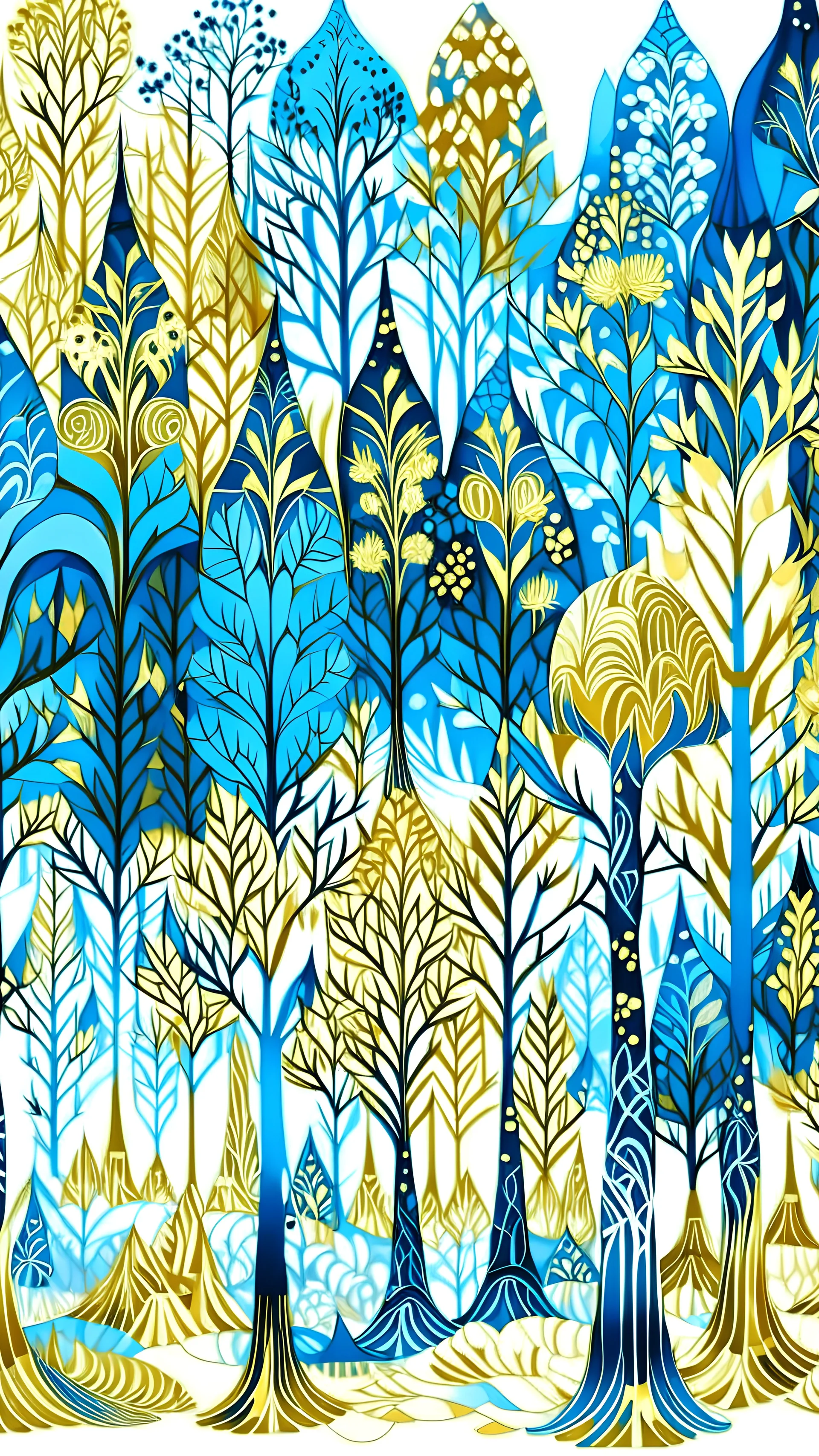 forest in blue and gold on a white background in deco style