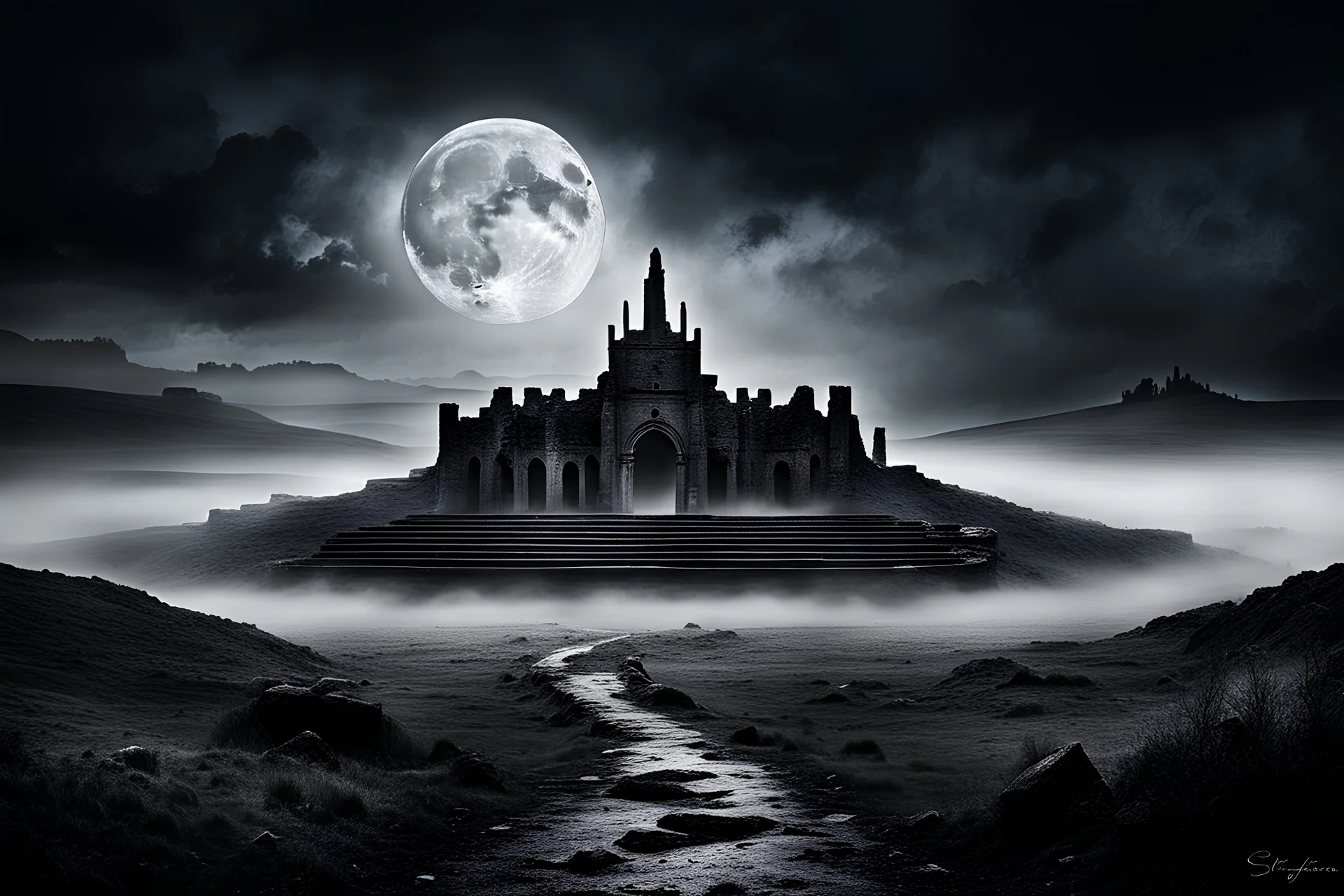 (BIG silver moon 1) perfect circe, over the dark , mystic land, white fog, dark colors, empty landscape, in the distance ruins, srtange, sinister , dark fantasy