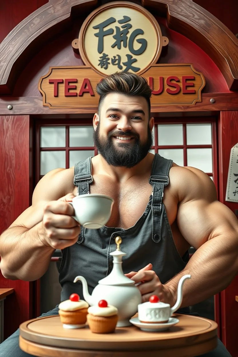 young mechanic man with SUPER MASSIVE huge muscles and his top off enjoying high tea by himshelf with little cakes, large SIGN THAT HAS A title( - FAG - BOI - TEA HOUSE) BOYISH CUTE FLUFFY