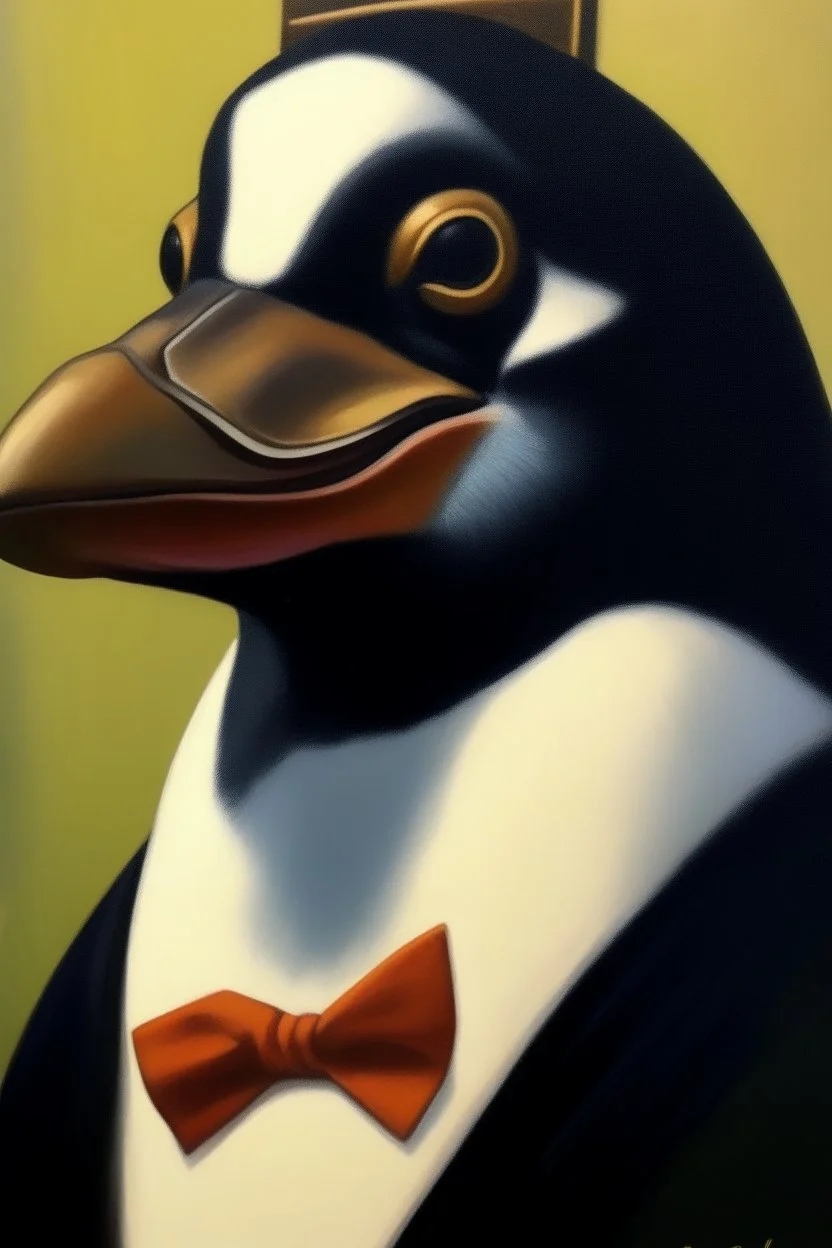 Pengu, oil painting. pengu cover 1970, closeup dnd business style.