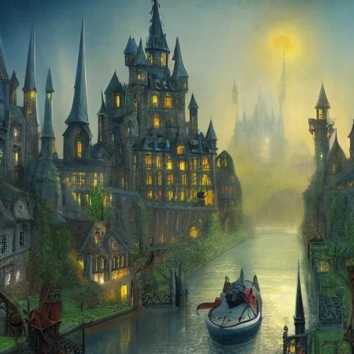 A magical gothic canal city of wizards, witches and warlocks with a castle Jim Kay style