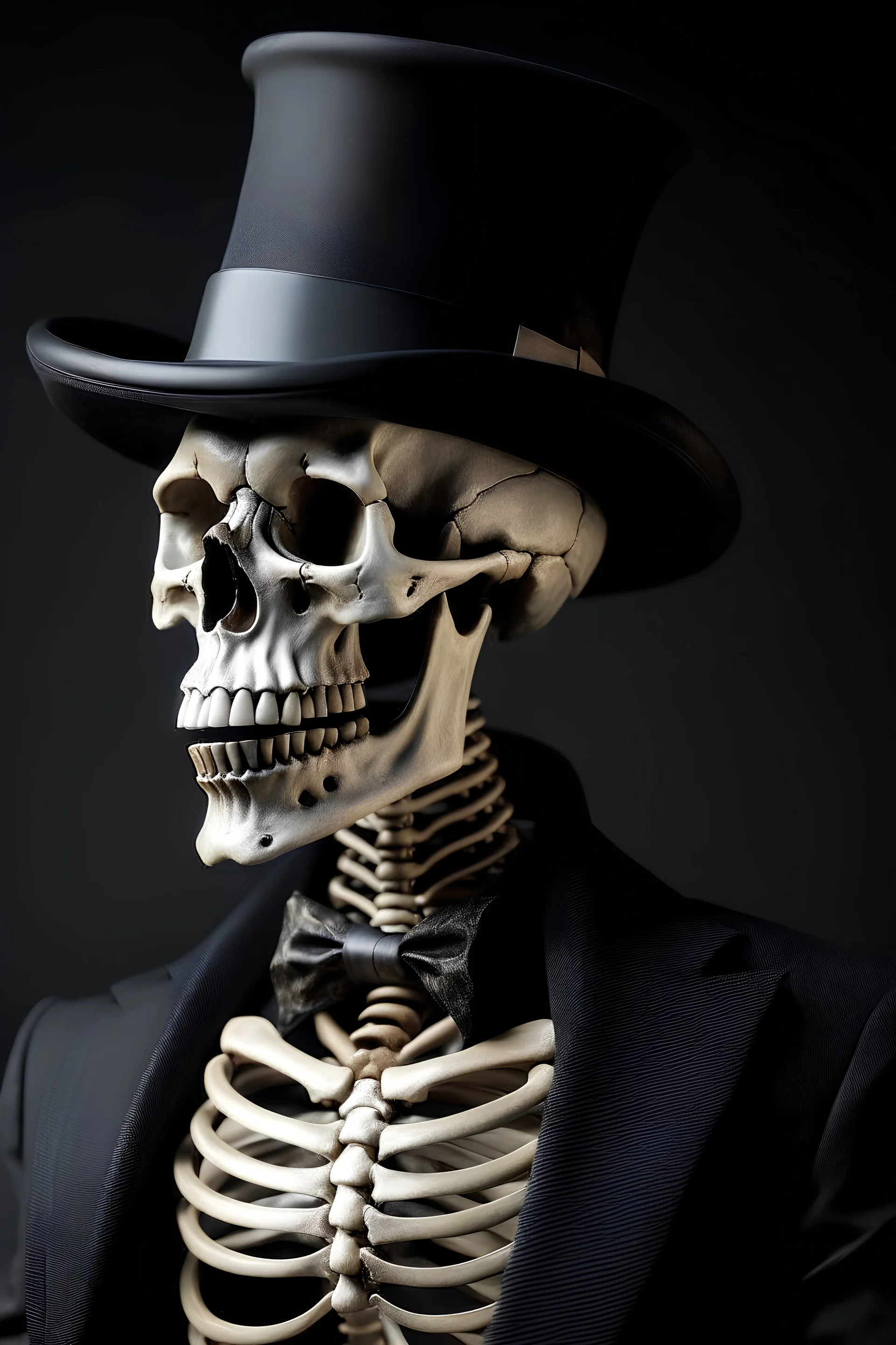 Skeleton with sharp teeth wearing a suit and a top hat