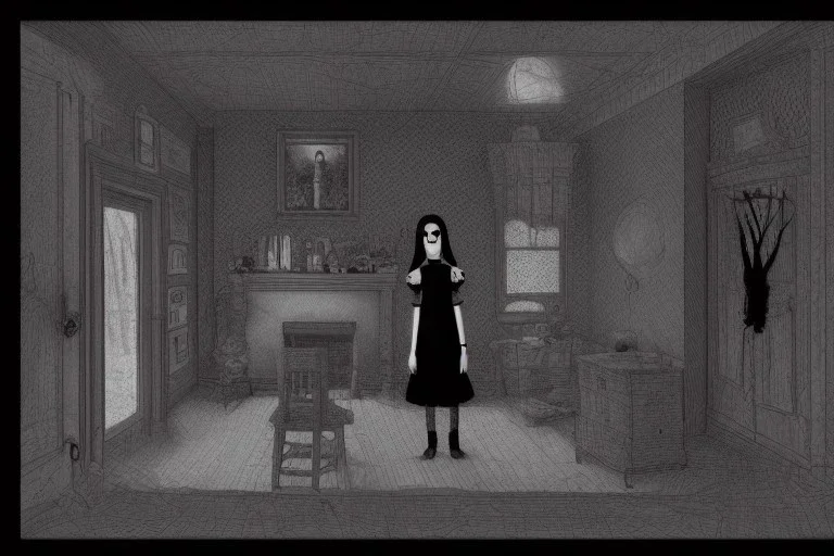 Wednesday Adams in 3d scary dark room Escher style