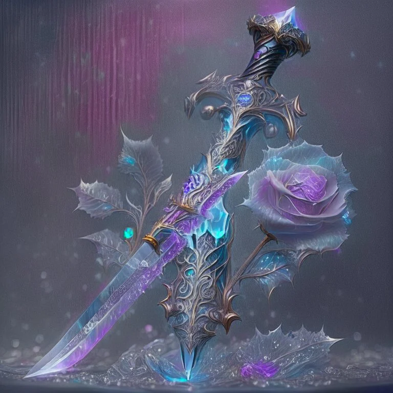 A fantasy zweihander, the blade is made up of glimmering ice, it's hilt is crafted from swirling vines, leading to a vibrant rose crystal at the pommel, with a black background behind it.