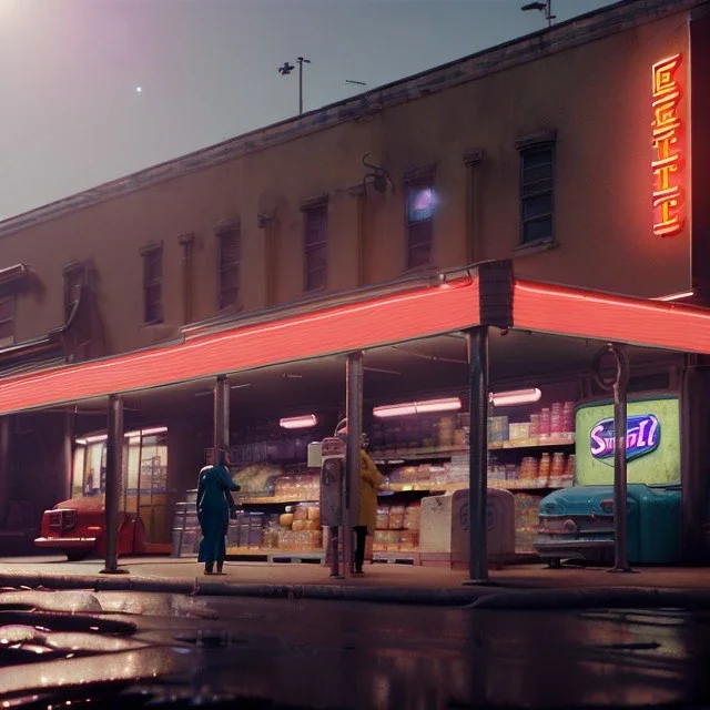 Ultra Realistic retro sci-fi burst Supermarket parking scene, 1960 year, blonde woman, sweet scarlet Johansson face, perfect iris, glow eyes, face makeup, tight latex coat; many panic people looking, Retro sci-fi style, soft color, highly detailed, unreal engine 5, ray tracing, RTX, lumen lighting, ultra detail, volumetric lighting, 3d, finely drawn, high definition, high resolution.