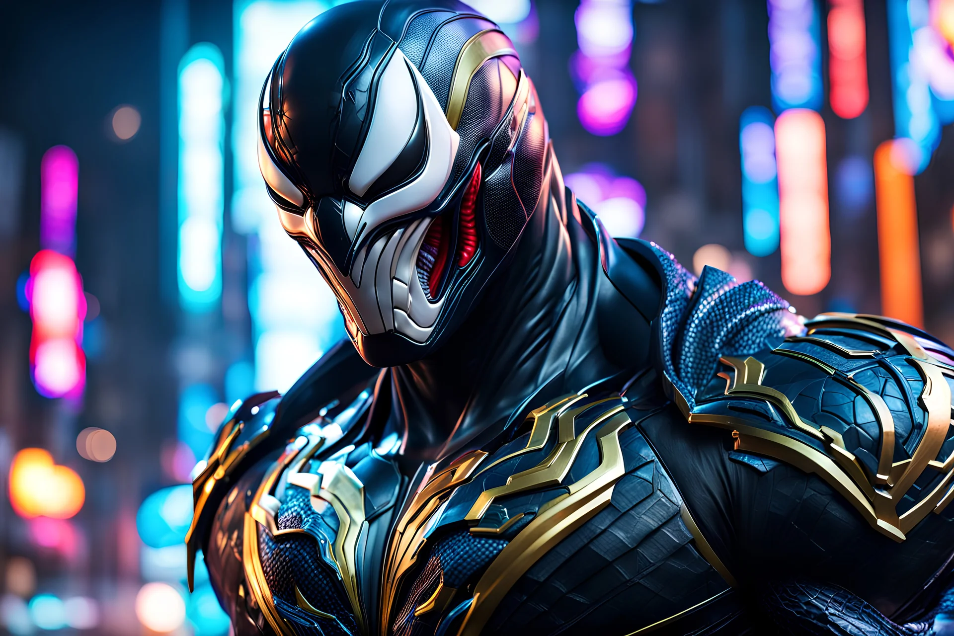 Venom in 8k cgi game artstyle, ronin costum, galaxy mask, cover face, dynamic pose, oshare kei, hurufiyya, rtx , neon lights, intricate details, highly detailed, high details, detailed portrait, masterpiece,ultra detailed, ultra quality