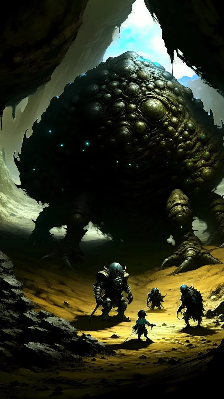 Dark fantasy painting art style. A man-sized, iridescent, naturally armored hexapod larvae. A child-sized, gray, apodous creature with a segmented, rotund torso. A bear-sized, black, apodous creature with a segmented, rotund torso surrounded by alien eggs. Within a pitch black cave