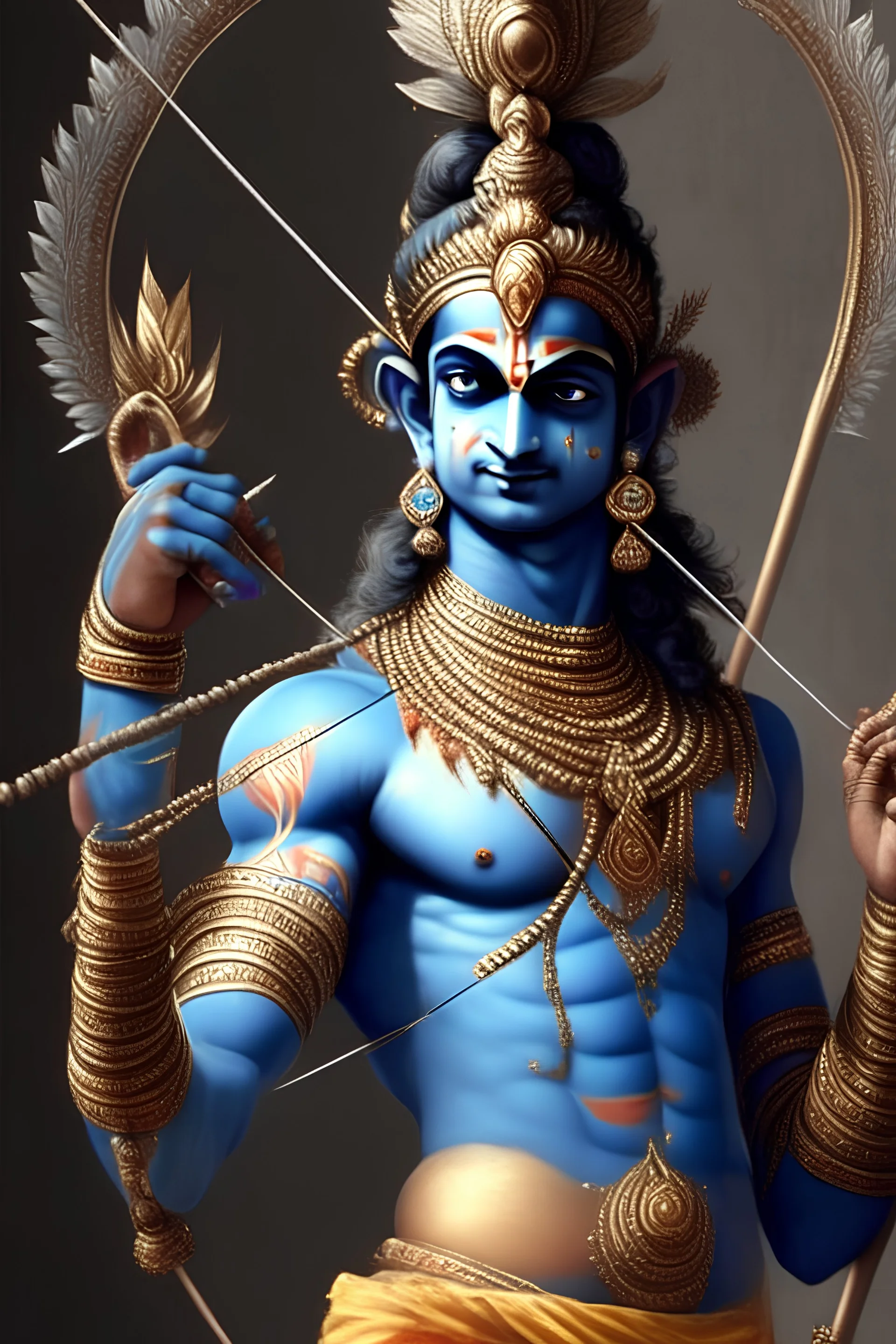 indian god krishna with bow, friendly, trending on artstation, super realistic, realism