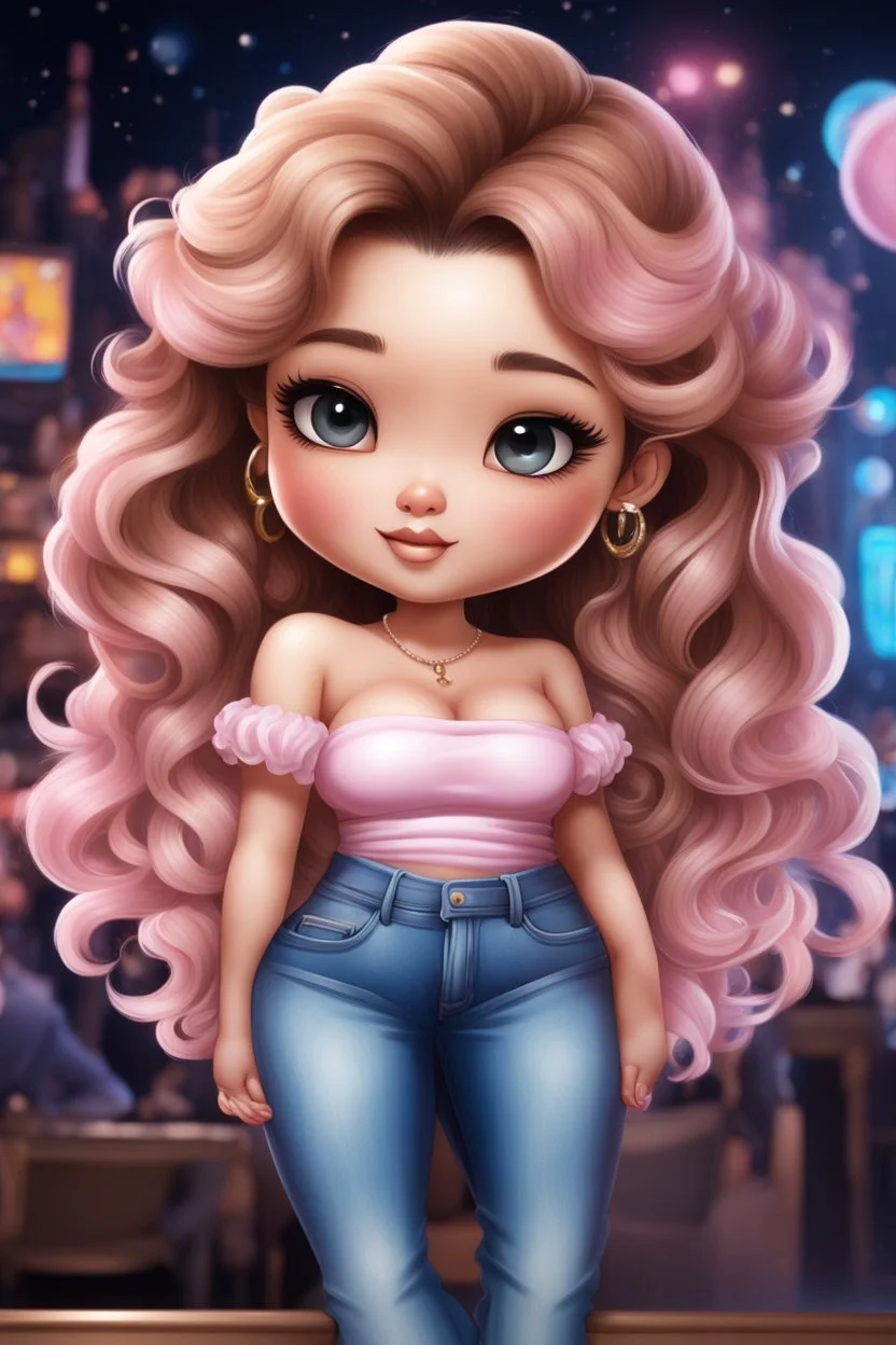 create an airbrush illustration of a chibi cartoon curvy Asian female wearing Tight blue jeans and a light pink off the shoulder blouse. Prominent make up with long lashes and hazel eyes. She is wearing brown feather earrings. Highly detailed long brown shiny curly hair that's flowing to the side. Background of a night club.