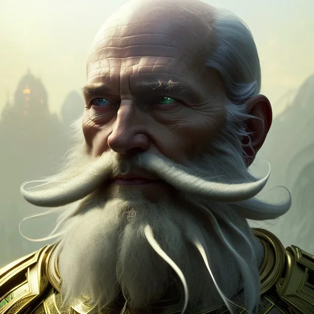 "MIddle aged white human male, with a trimmed but uneven beard, piercing green eyes with slick back hair head and shoulders portrait, 8k resolution concept art portrait by Greg Rutkowski, Artgerm, WLOP, Alphonse Mucha dynamic lighting hyperdetailed intricately detailed Splash art trending on Artstation triadic colors Unreal Engine 5 volumetric lighting Splash art fantasy"