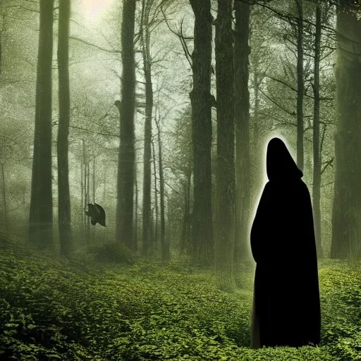 the Grim Reaper wearing black robe and hood, standing in a beautiful forest and surrounded by woodland animals, flowers, 8k resolution, high-quality, fine-detail, iridescent, intricate, digital art, detailed matte, volumetric lighting, beautiful, illustration, 3D octane render, margaret weiss, brian froud, howard lyon, selina french, anna dittmann, annie stokes, lisa parker, greg rutowski,