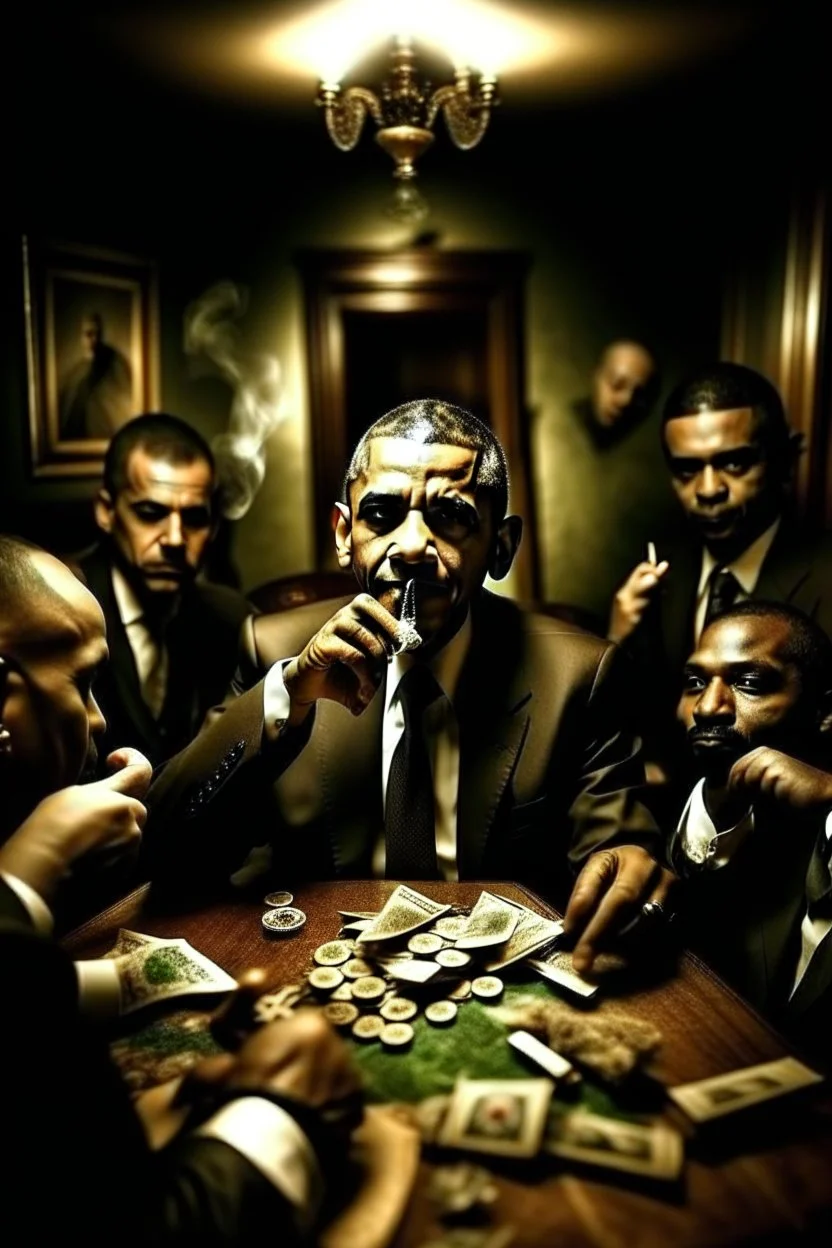 Obama and some friends smoking and playing cards, davinci. Surreal. Agony face, smile, pain scream. Fish eye lense camera. Perfect composition.