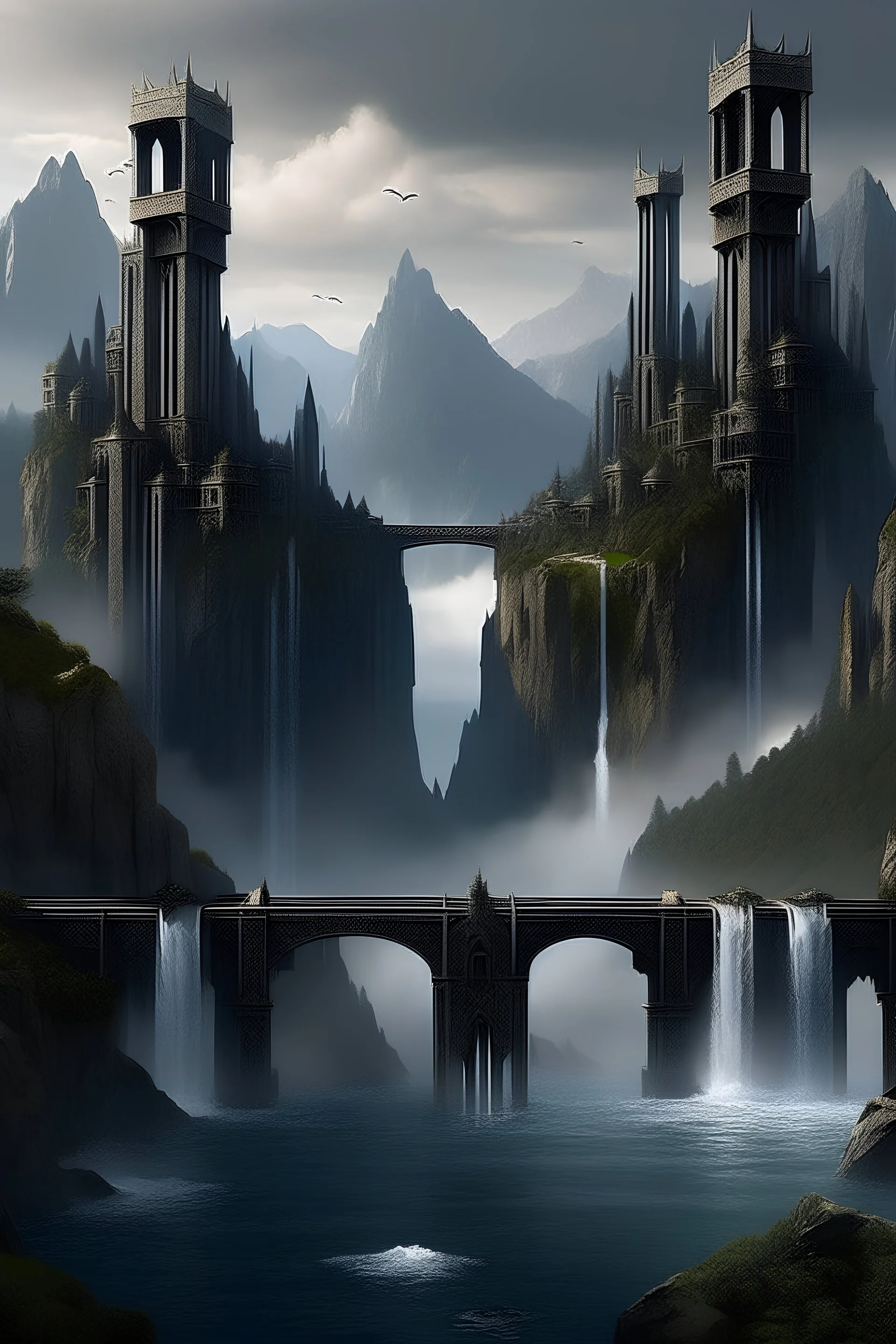 Fantasy city in a lake with 2 tall square black towers on the edge of a dam with a waterfall falling into a chasm below it in the mountains