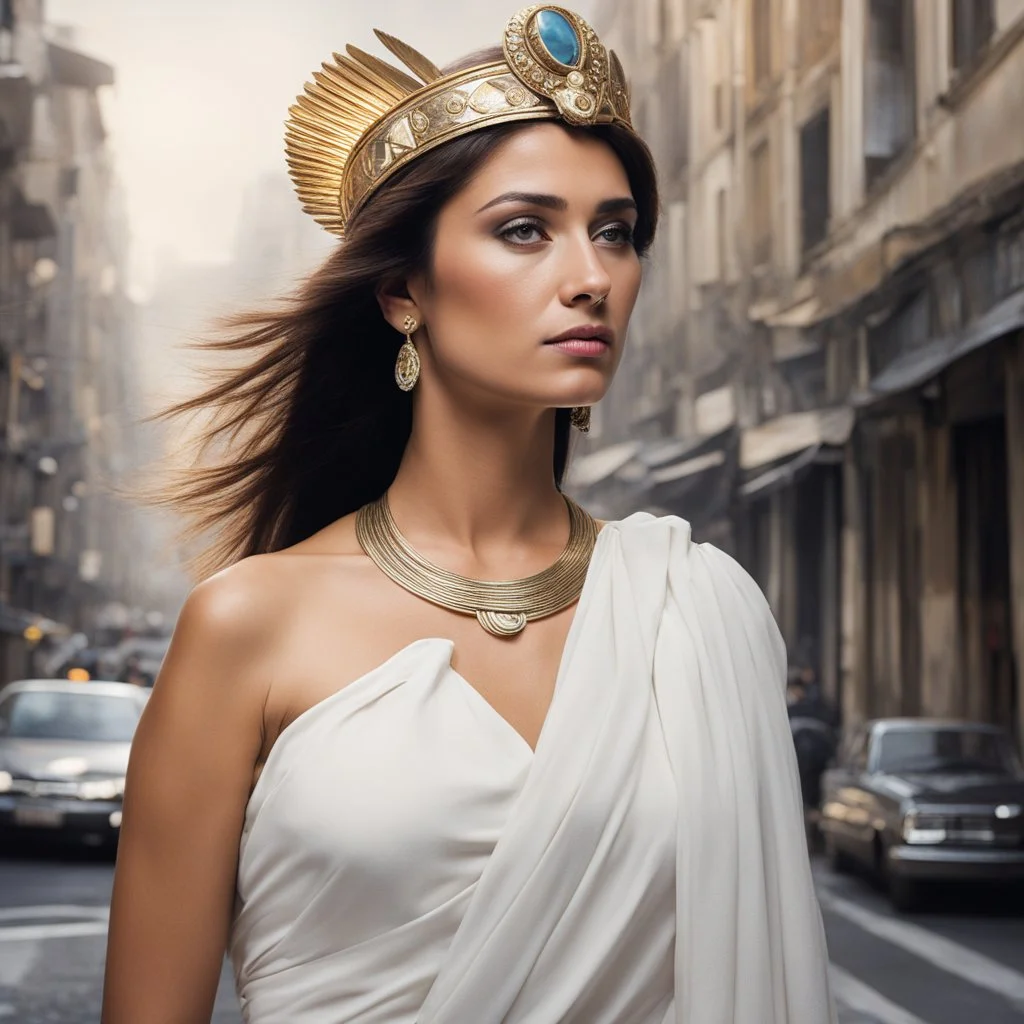 [Part of the series by Françoise Sullivan] In a bustling city, a woman resembling Athena emerges, exuding wisdom and strength.