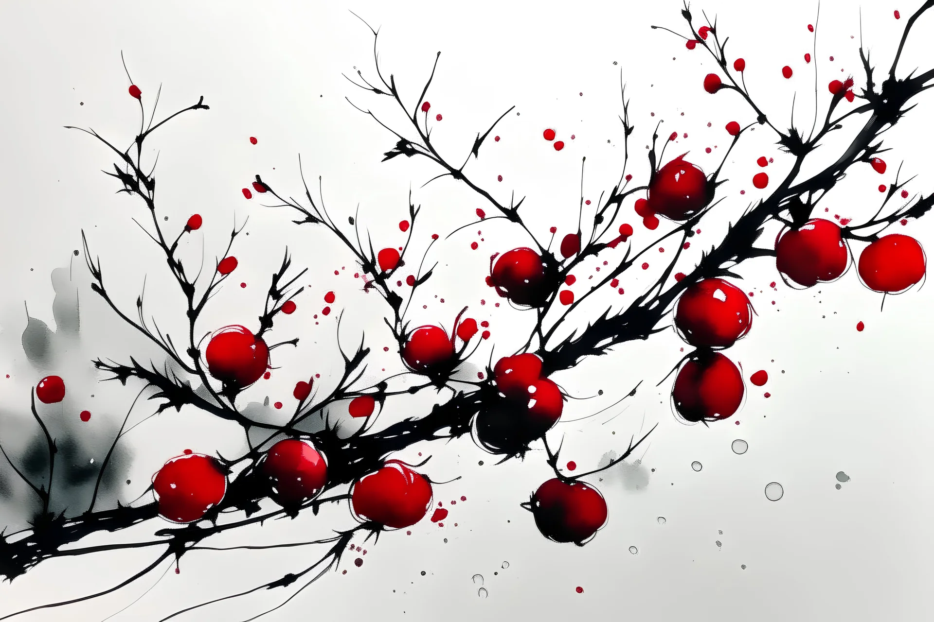 delicate Japanese Sumi-e, rose hips in the snow, pure, simple, Zen, perfect balance, white, black and red Modifiers: elegant beautiful award winning crisp quality pen and ink Delicate