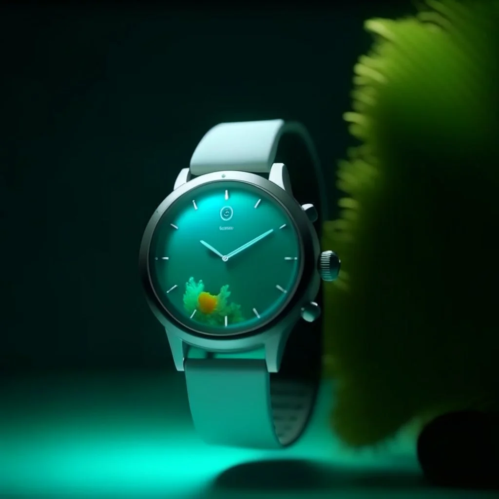 Smart watch . Sea and nature emerge from the smartwatch screen. The watch is standing in the place where the products are displayed, and this place is in the studio with simple colors without any distractions. All this I need a marketing advertising campaign;cinematic ,8k high cualitcy