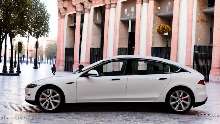 A Tesla's 'Model S Plaid' is doing donuts, at the 'Plaza de la Constitución', in the city of Mexico. CINEMATIC. WIDE ANGLE LENS. PHOTO REAL.