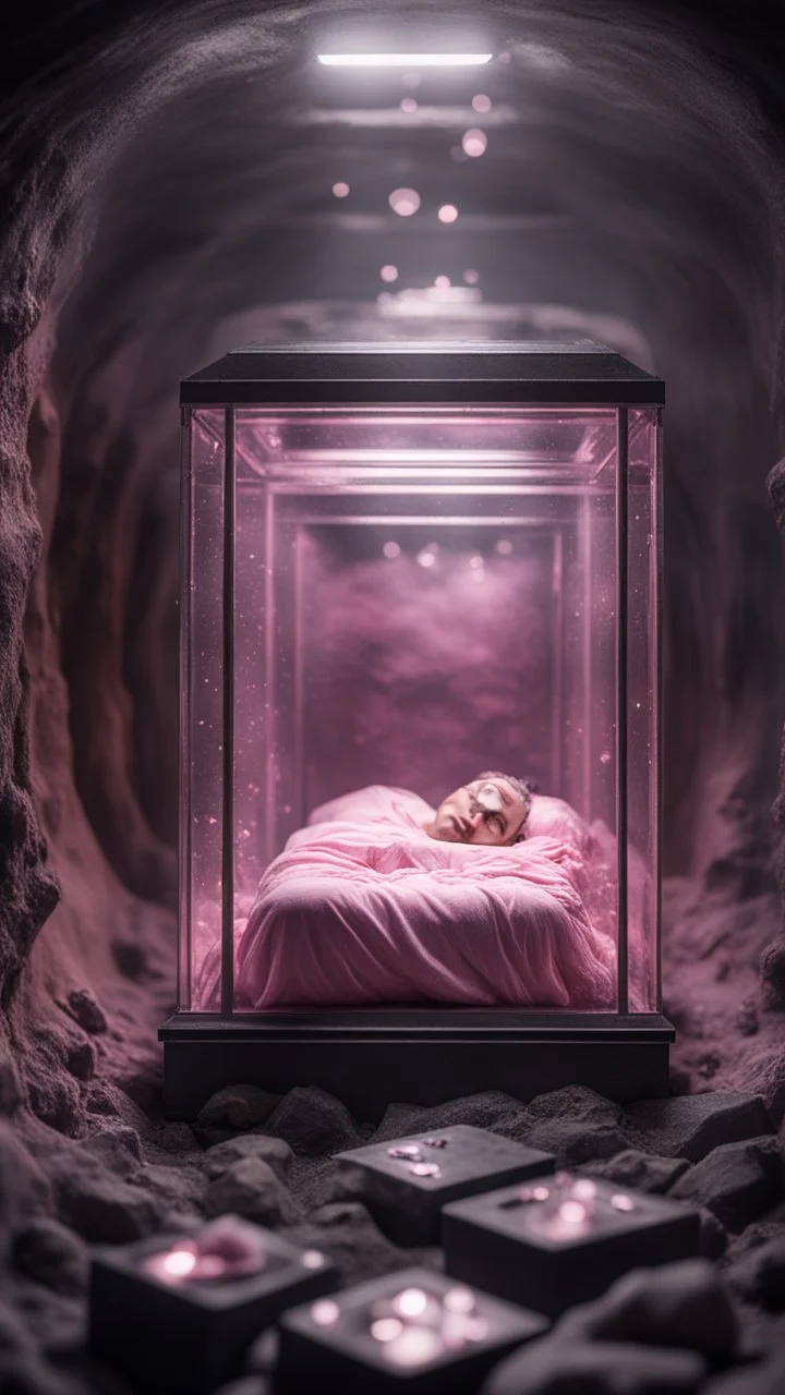 full body portrait of soap star sleeping inside a full size glass casket sarcophagus filled with calm transparent pinkish embalming liquid inside coal mine shaft,bokeh like f/0.8, tilt-shift lens 8k, high detail, smooth render, down-light, unreal engine, prize winning