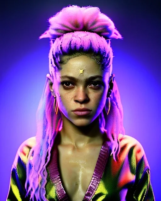 portrait, Shakira, blonde artist, angry, Realistic image, MMA robe, hoodie, mma gloves, fight pose, make-up make-up, gold line make-up, sweat, fog, goddess style, Neon colors, leds. Black background, photo studio, concept art, smooth, unreal engine 5, god lights, ray tracing, RTX, lumen lighting, ultra detail, volumetric lighting, 3d, finely drawn, high definition, 4k.