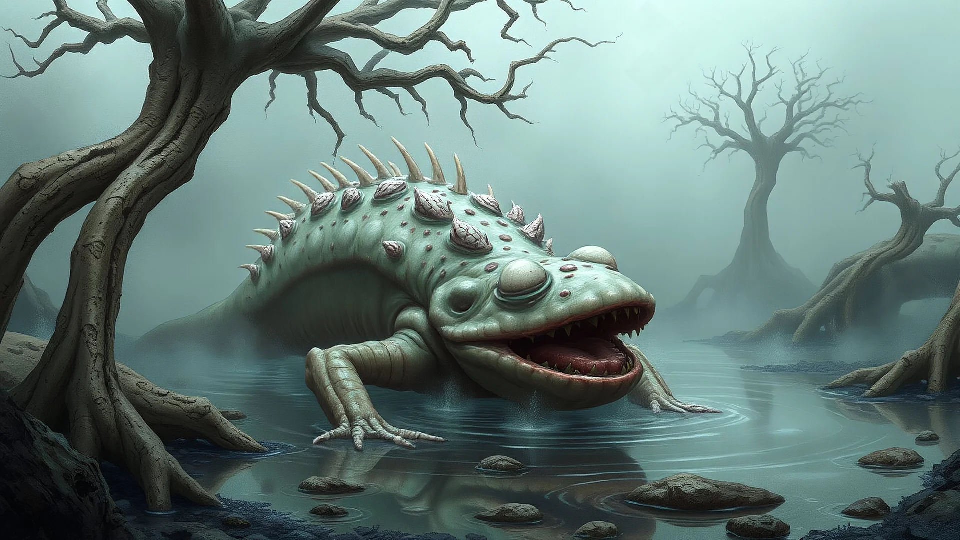 Criatura anfibia mutada con ojos lechosos y piel gelatinosa, emergiendo de un charco neblinoso rodeado de estructuras óseas que parecen crecer como árboles, en ilustración biopunk detallada.