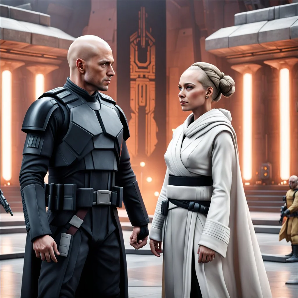 a bold and heroic bald male Corellian pilot in black and grey First Order special forces gear meets a female Jedi Master in ancient, mystical temple, hyperdetailed, dynamic lighting, hyperdetailed background, 8k resolution, volumetric lighting, light skin, fully symmetric details