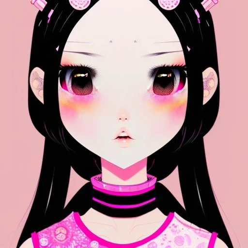 Japanese girl with big brown eyes and long black hair with bangs wearing pink clothes kawaii