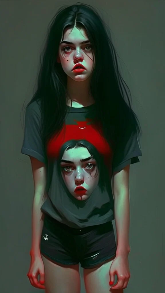 generate a full-length girl with gray-green sad eyes, with dark hair above the shoulders, a round face, not very plump lips, in a black T-shirt with a red print, short shorts, blue socks