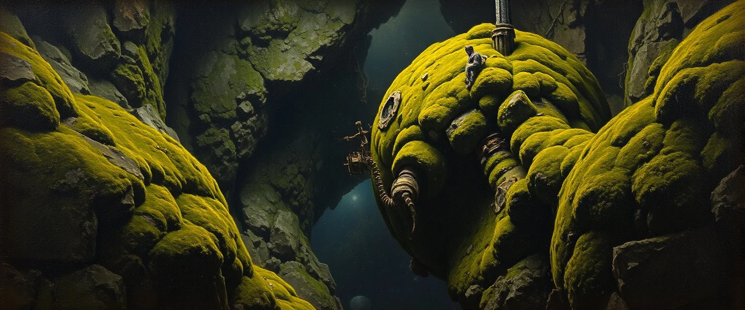 master oil painting by Rembrandt, moss covered space station, brightened edges to give a sense of depth