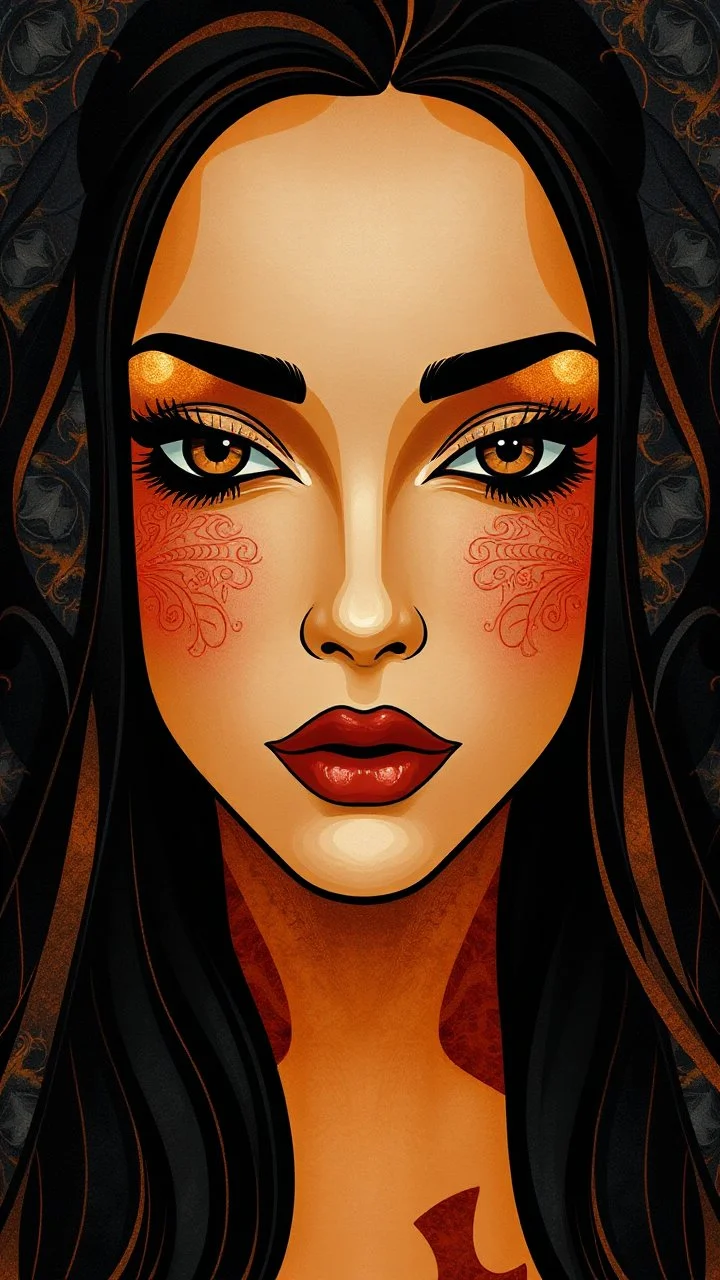 A beautiful women face abstract pattern using a palette of mother of pearl, rosewood, burnt amber beautiful black hair