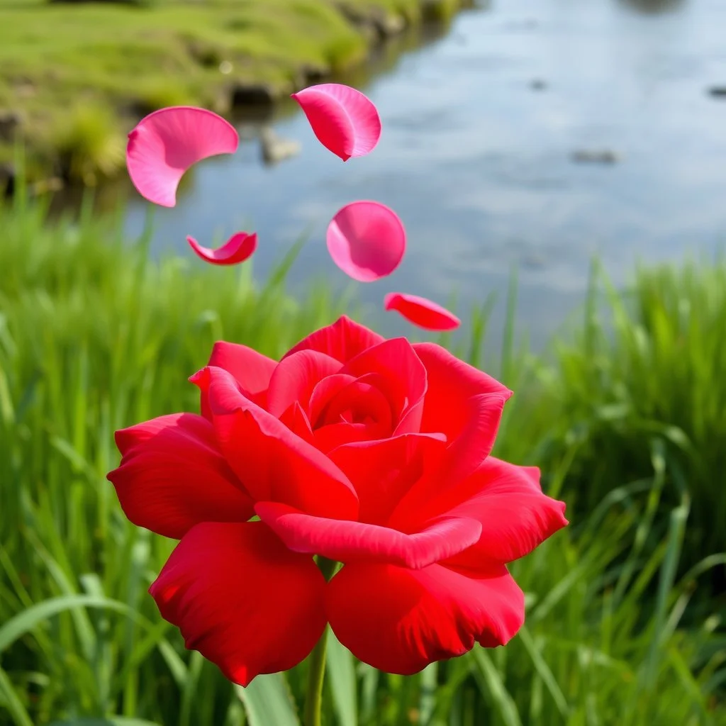 A Realistic Beautiful Red Rose With Pink Petals Whirling In Air, Green Grass With Nature Riverside Background.