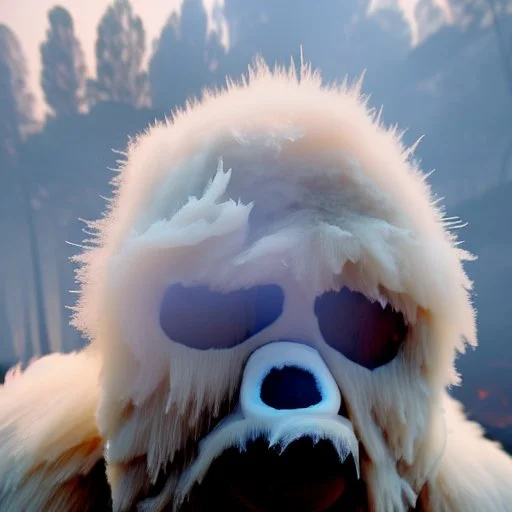 subject = (Yeti in a mask) * (burning yeti), background = (wildfires, flames, mountains, fires, smoke, disaster, burning)