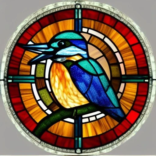 round coaster of kingfisher with stained glass window effect, highly detailed, intricate, warm colors, stained glass window, digital painting