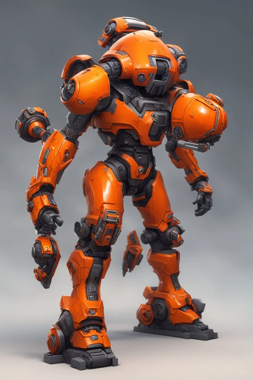 orange futuristic juggernaut with dual plasma battle axe and 4 plasma canon in the back