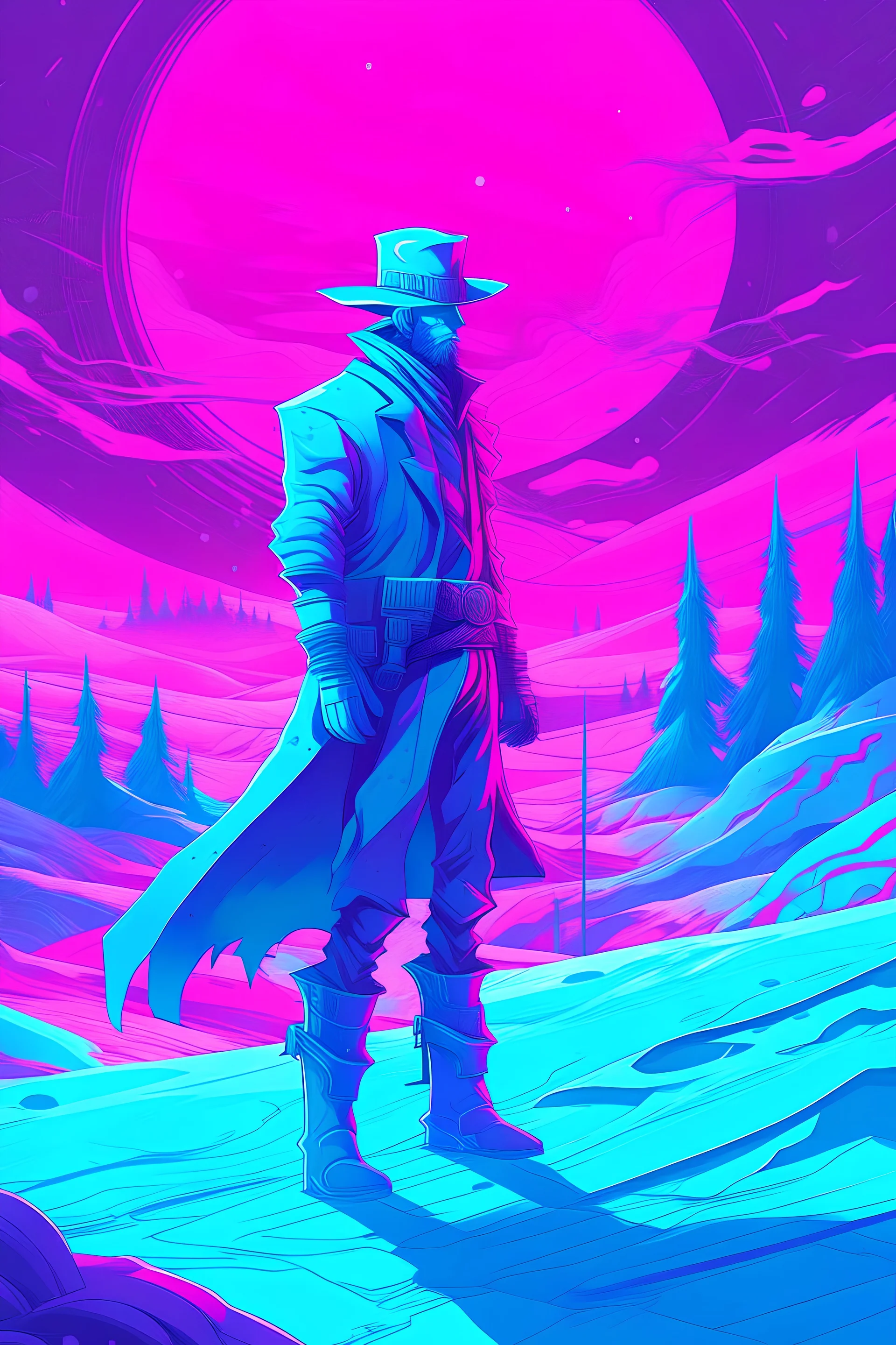 winter scene, abstract, vaporwave, gunfighter