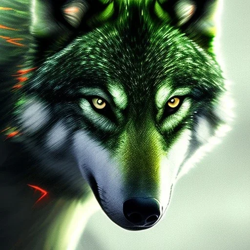 Green Wolf, red eyes, 8K, cinematic lighting, sharp focus, masterpiece, expert